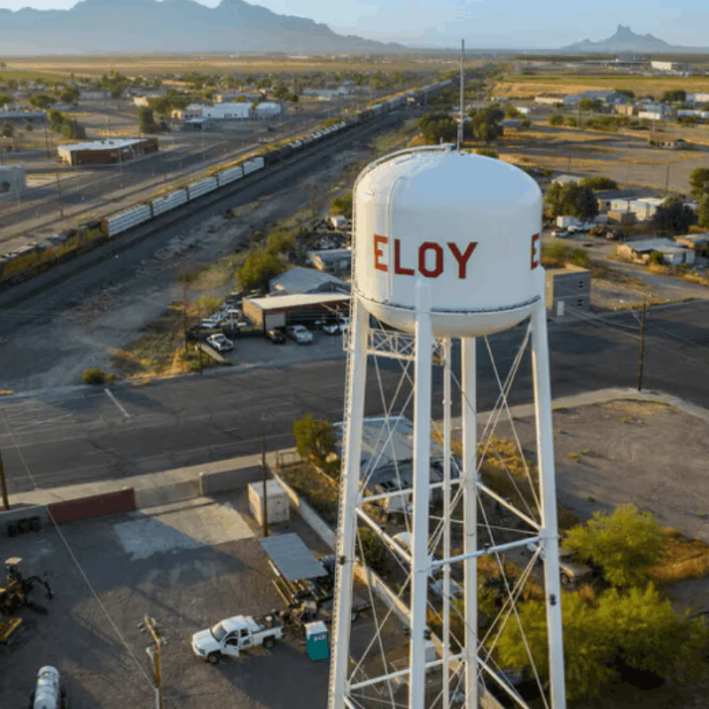 Aerial view of water tower in Eloy, AZ